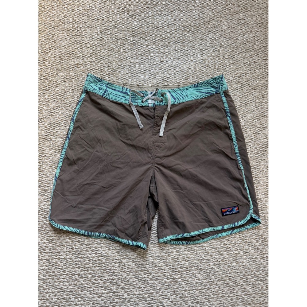 Patagonia Wavefarer Board Shorts Mens 34 Brown Teal Palm Leaf Print Swim Trunks